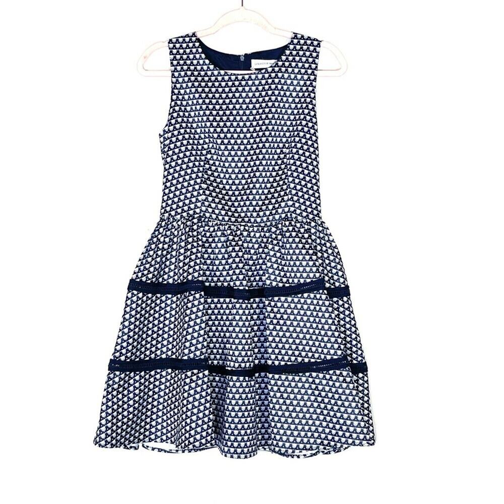 Loranzo Romanza Fit & Flare Bear Face Micro Print Dress Navy White Retro Skater
